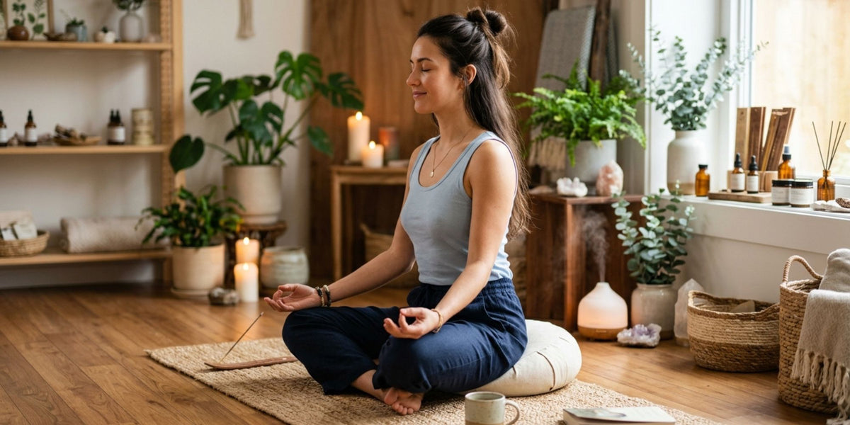 A woman meditating cross-legged on a woven mat in a cozy, plant-filled room with candles and natural light.