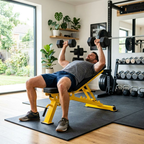 A man in a home gym setting lies on a yellow weight bench, lifting dumbbells. The gym is equipped with a yellow weight bench, a barbell rack, and various kettlebells on a black mat, with plants and shelves in the background.