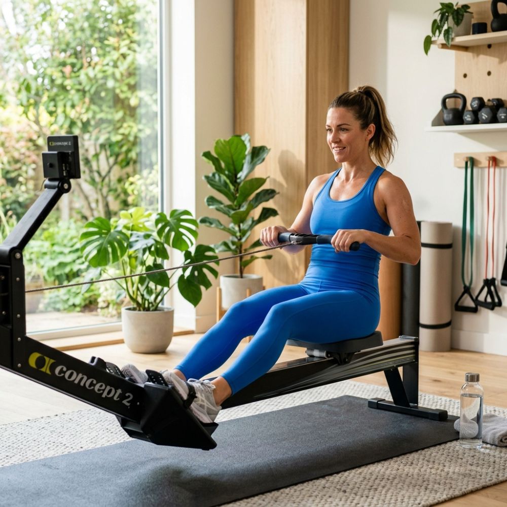 A woman in a blue athletic tank top and leggings is using a Concept 2 rowing machine in a bright, modern home gym with large windows, potted plants, and exercise equipment.