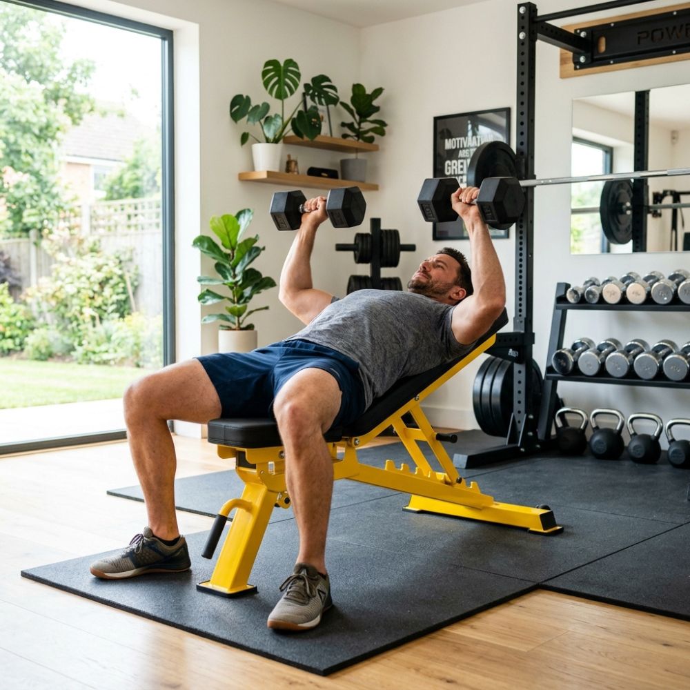 A man in a home gym setting lies on a yellow weight bench, lifting dumbbells. The gym is equipped with a yellow weight bench, a barbell rack, and various kettlebells on a black mat, with plants and shelves in the background.