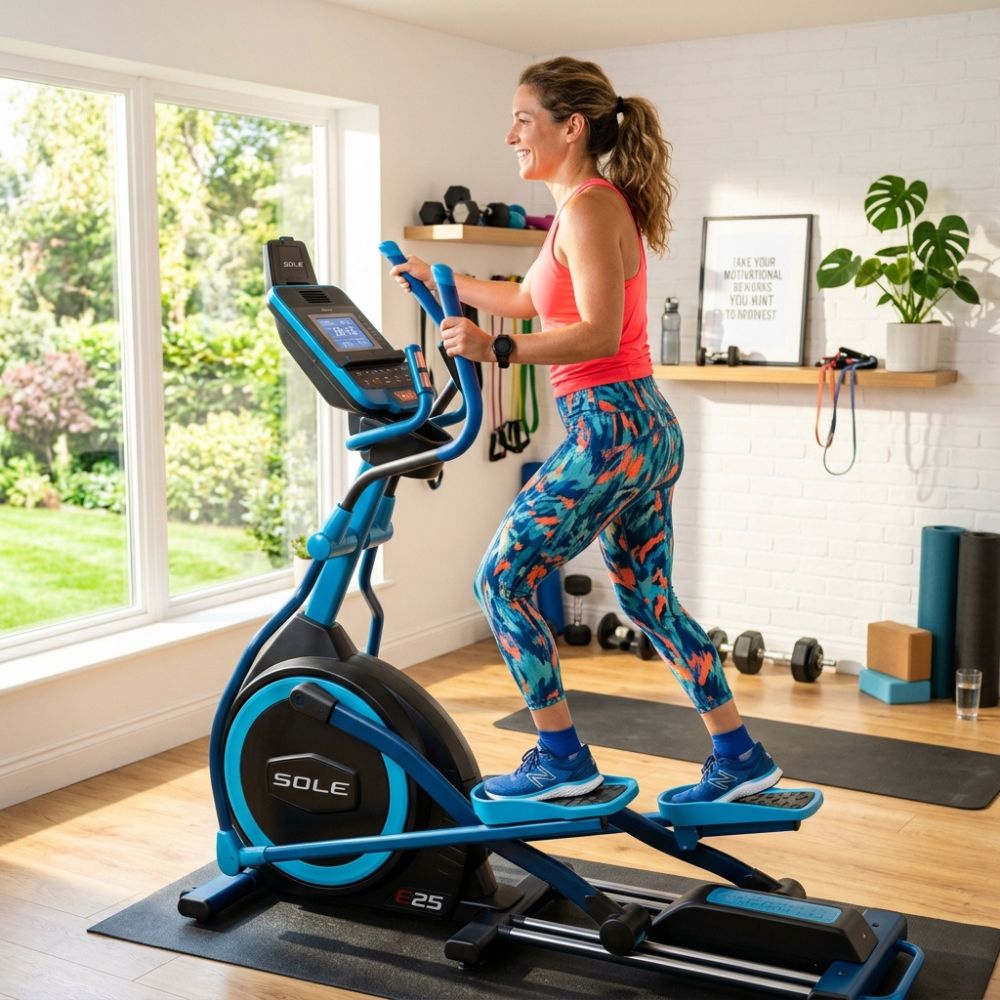 A woman in a bright home gym using a Sole 25 elliptical machine. She is wearing a bright pink tank top, colorful patterned leggings, and blue sneakers.