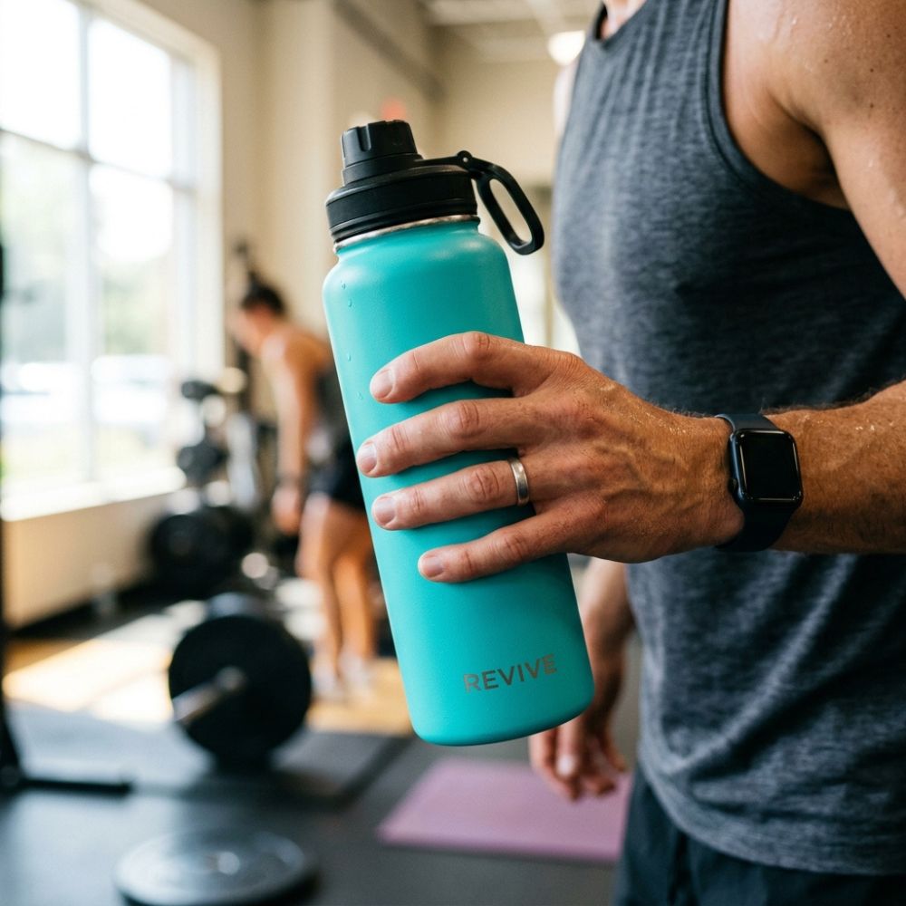A person in a gym holding a turquoise REVIVE water bottle with a black lid and carrying loop. The background shows a blurred gym interior with weights and another person.