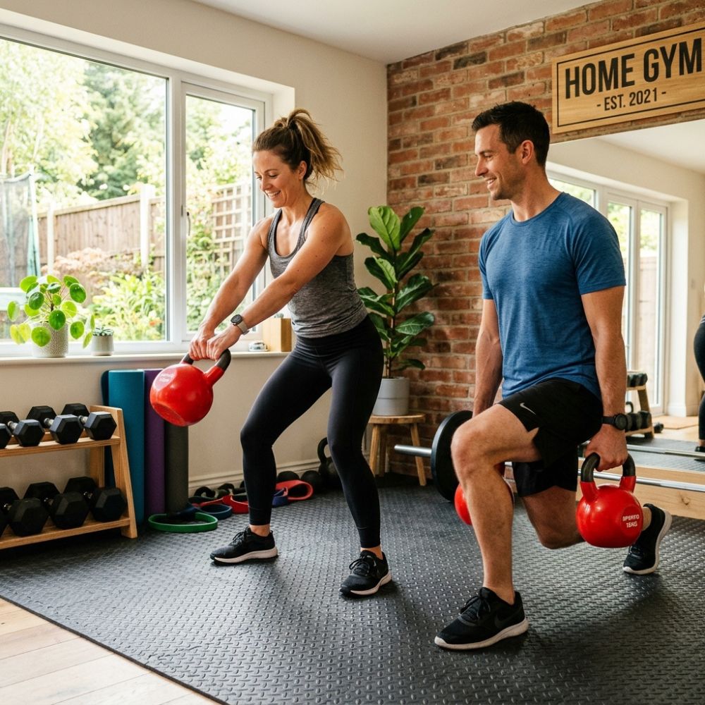 A man and a woman exercise in a home gym, each holding a red kettlebell. The woman is in a lunge position, and the man is in a single-leg stance.