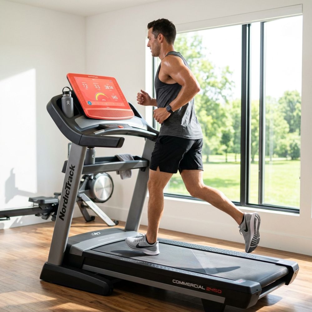 A man running on a NordicTrack Commercial 3.0 treadmill in a bright, modern gym with large windows and a wooden floor.