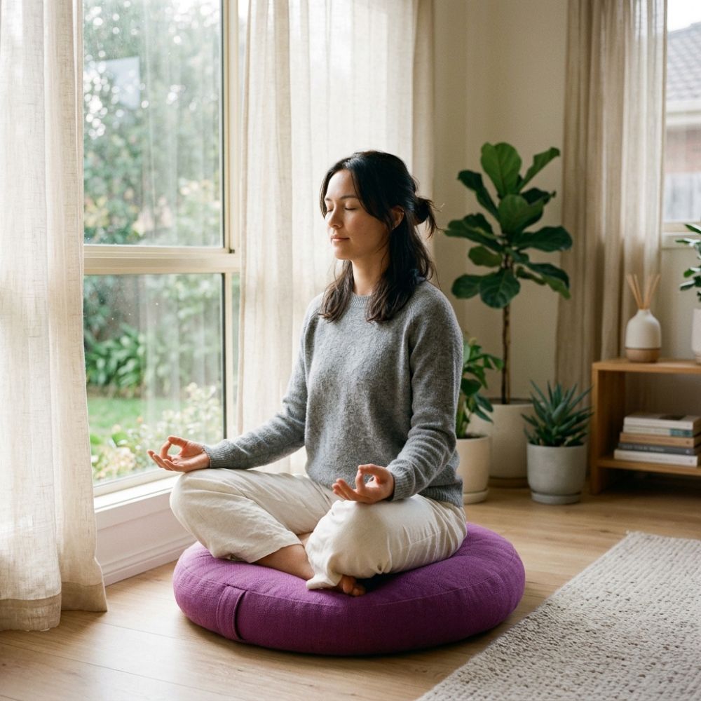 A woman meditating in a cozy, sunlit room, sitting cross-legged on a round purple cushion. She is wearing a gray knit sweater and white pants, with a window, sheer curtains, houseplants, and a wooden shelf in the background.