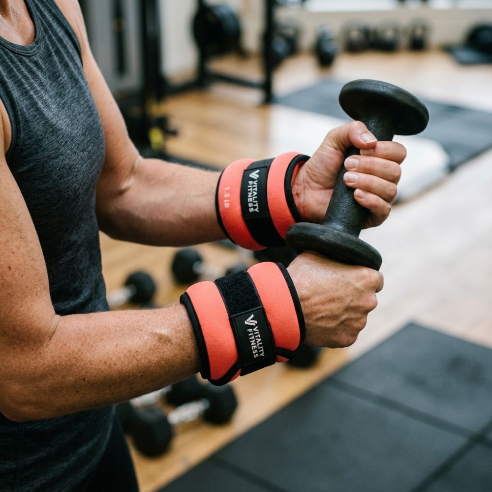 A close-up of a person in a gym holding a dumbbell, wearing red and black wrist wraps with the brand name 'VITALITY FITNESS' printed on them.